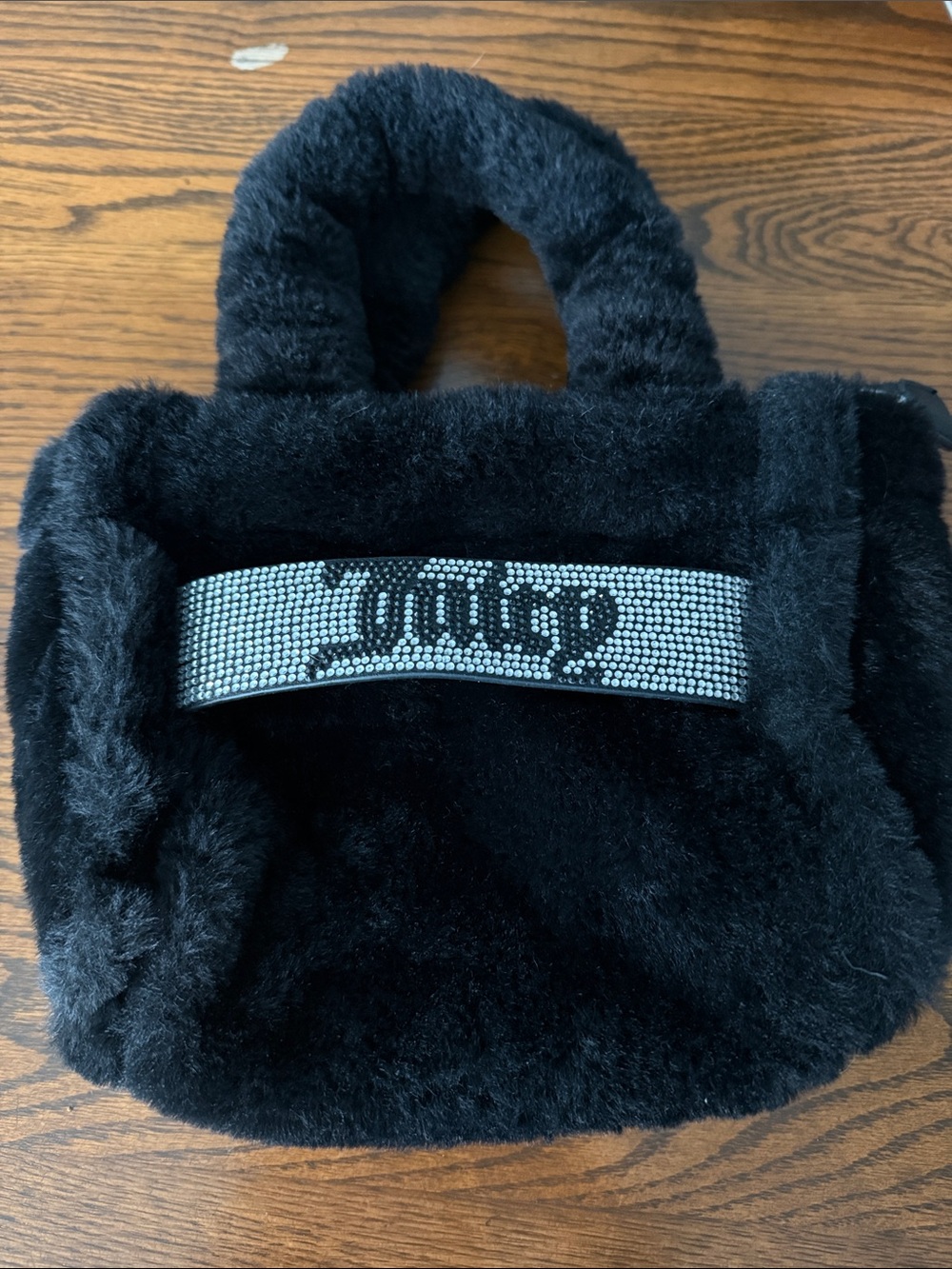 Black Faux Fur Kids Tote with Sparkle 'Juicy' Accent